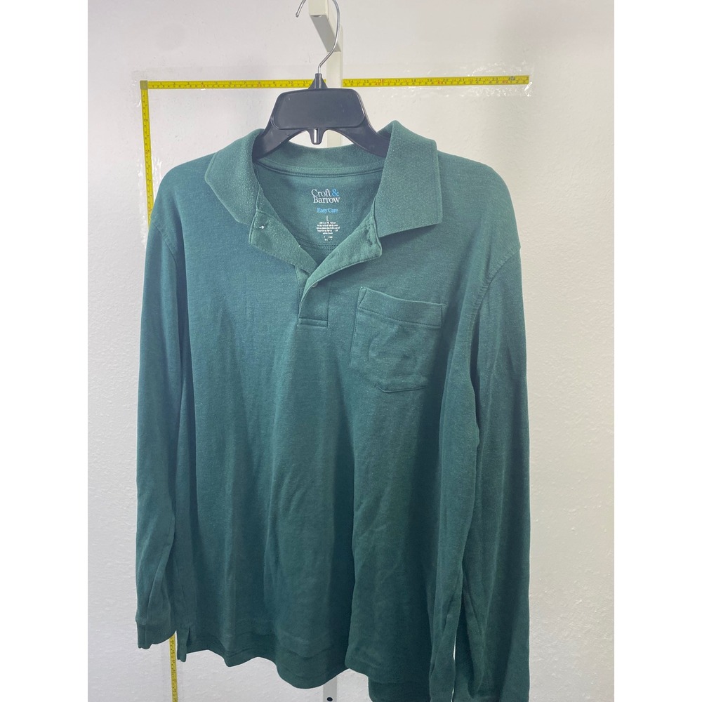 Croft & Barrow Mens Large Forest Green Long Sleeve Easy Care Polo Shirt Pocket